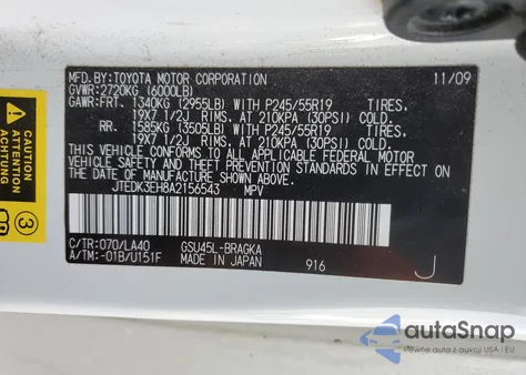 2010 Toyota Highlander Limited V6 из США, поврежденный, VIN JTEDK3EH8A2156543